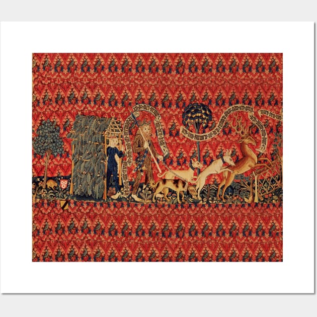 WILD PEOPLE IN DEER HUNT Antique Red Floral Tapestry with Animals Wall Art by BulganLumini